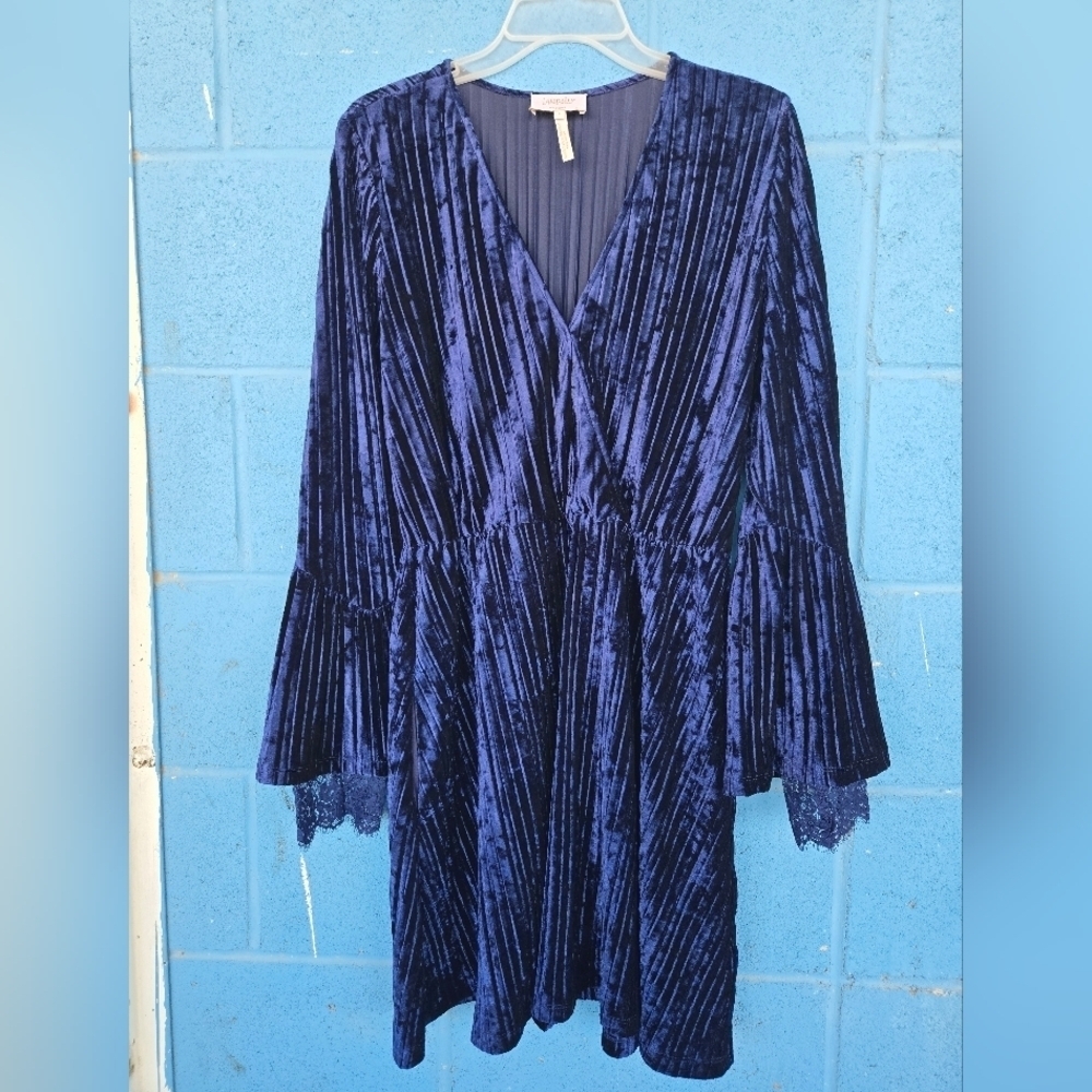 LAUNDRY WOMEN'S Elegant Blue Velvet log sleeve Dress Sz S